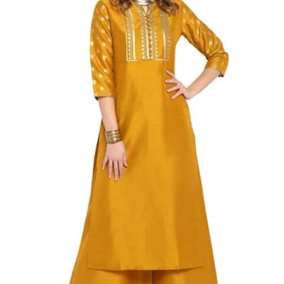 Women's Mustard Silk Blend Foil Printed Kurta with Palazzo