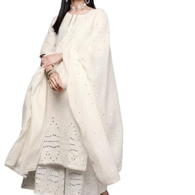 Embroidered Cotton Straight Kurta & Palazzo With Dupatta