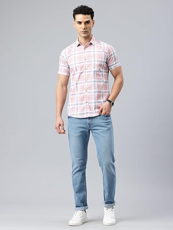 Slim Fit Pure Cotton Checkred Half Sleeve Casual Shirt - Image 3