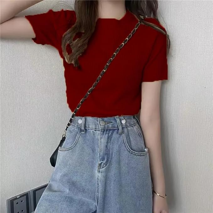 Plain Round Neck Rib Knit Regular Top for Women - Image 3