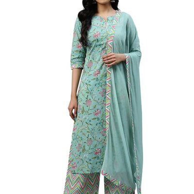 Printed Cotton Straight Kurta With Palazzos & Dupatta