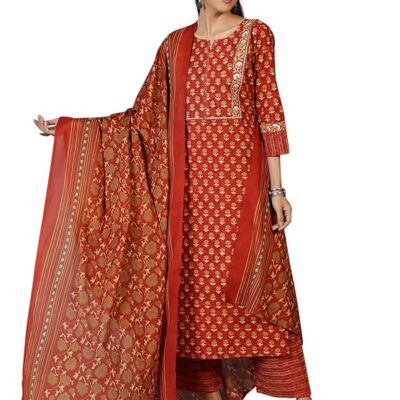 Women's Printed Cotton Straight Kurta With Palazzo & Dupatta