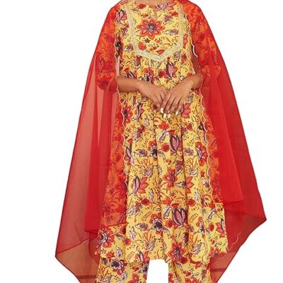 Yellow Cotton Floral Printed Kurta with Palazzo and Dupatta