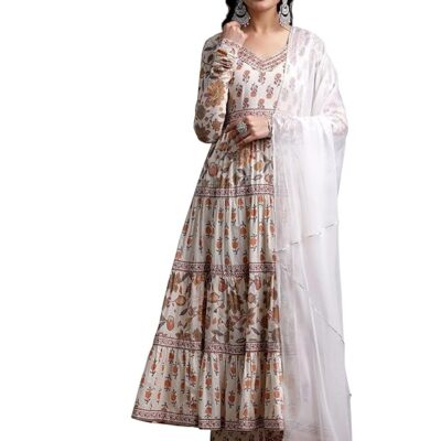 White Printed Cotton A-Line Kurta With Palazzos & Dupatta