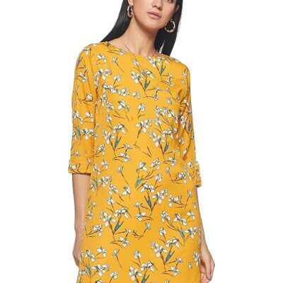 Women's Yellow Round Neck Floral Knee-Long Shift Dress